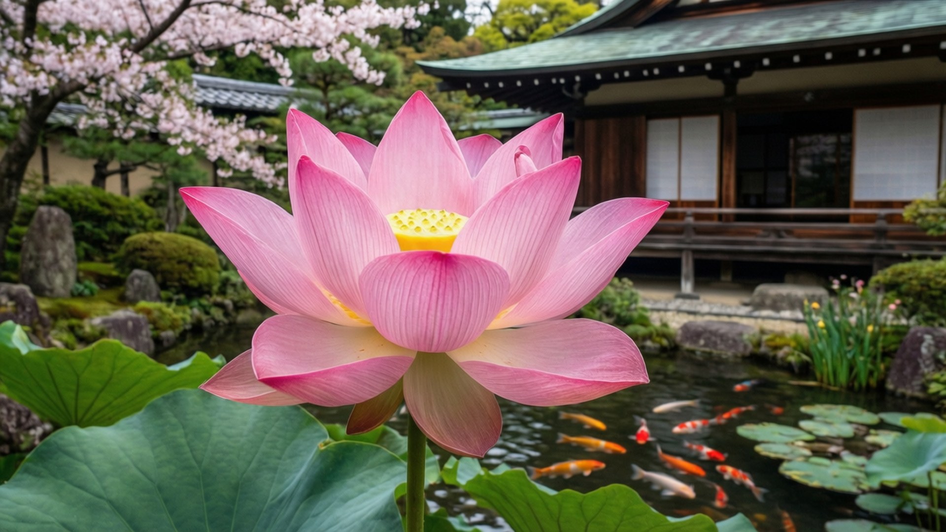 Japanse Tuin Lotus Muurpapier