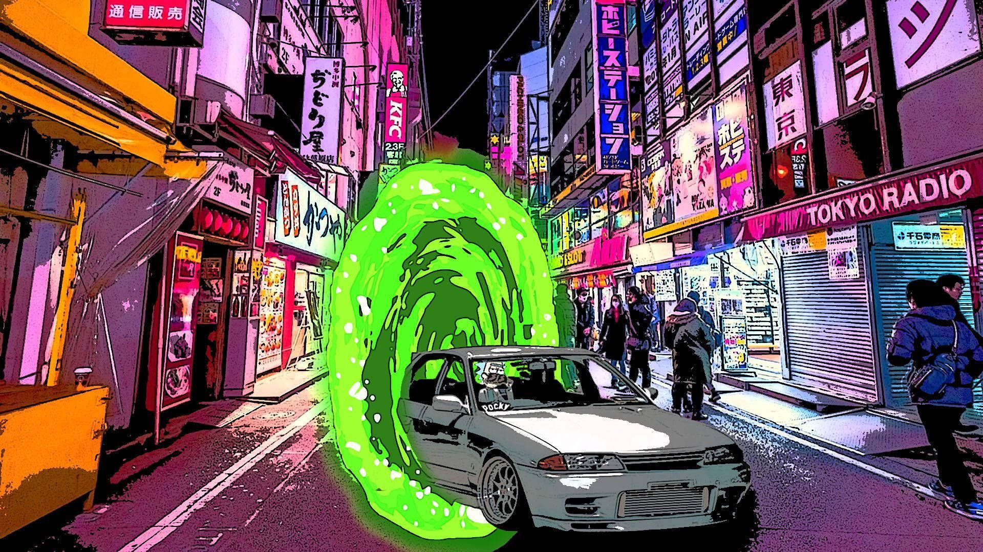 JDM-estetika Rick en Morty-kuns Muurpapier