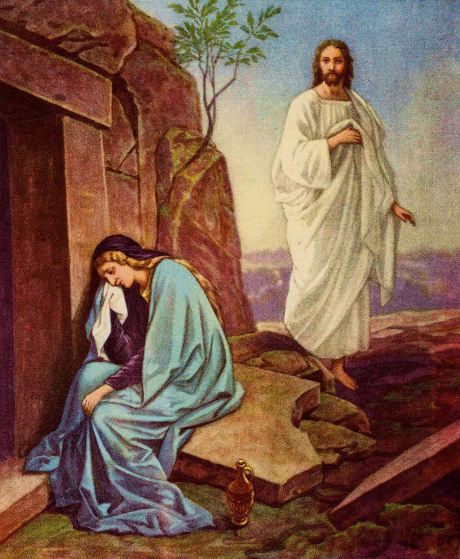 Jesus en die vrou by die graf Muurpapier