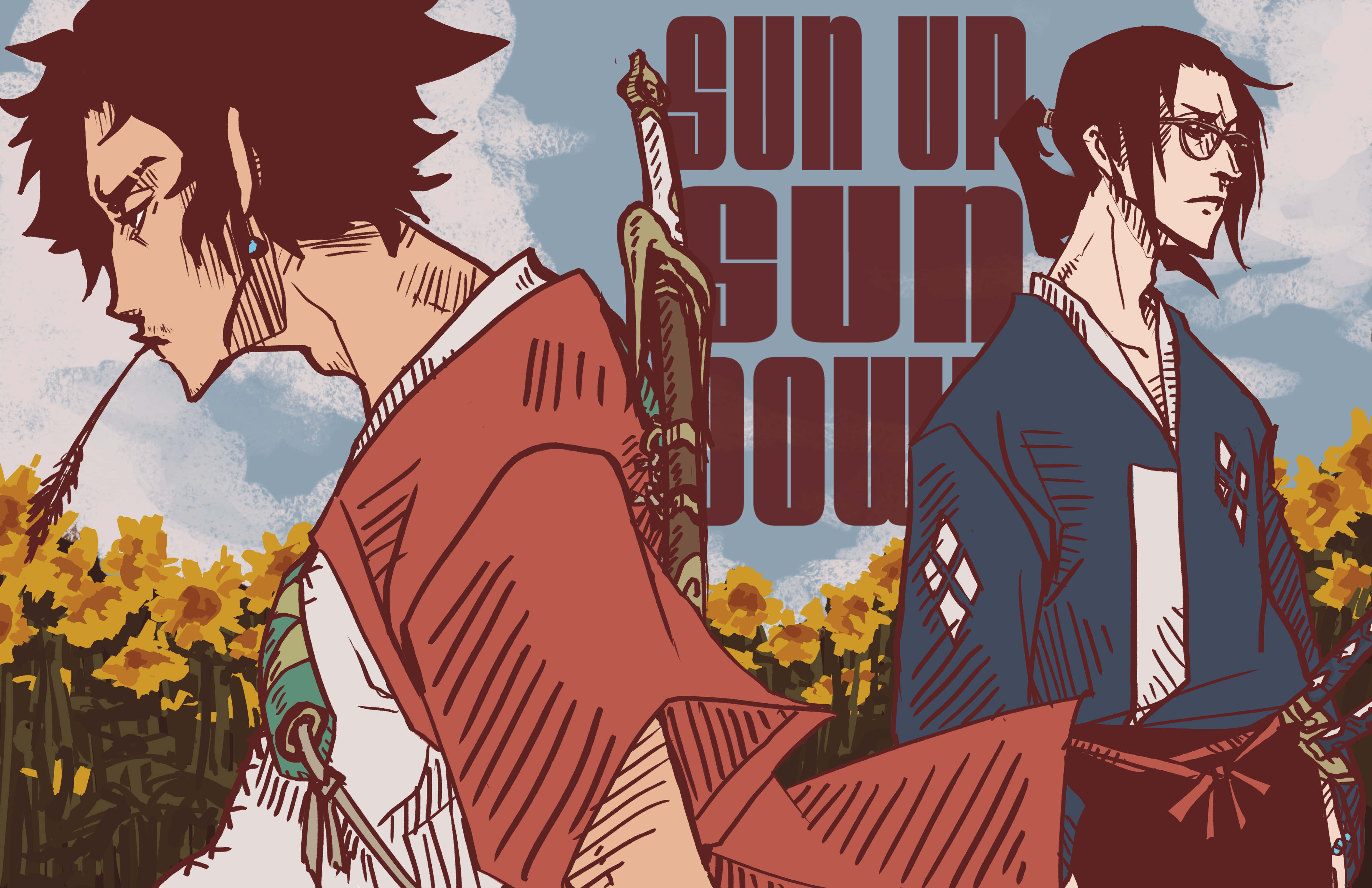 Jin, Fuu en Mugen, drie vriende op 'n reis Muurpapier