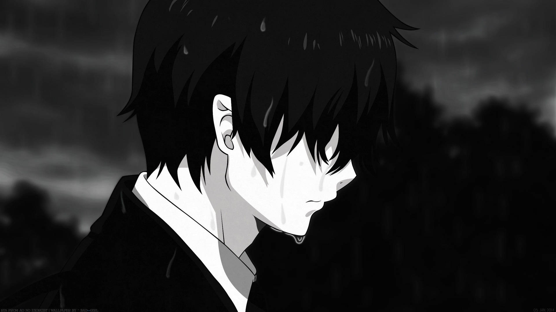 Anime-seun wat in die reën huil agtergrond — Anime seun Muurpapier