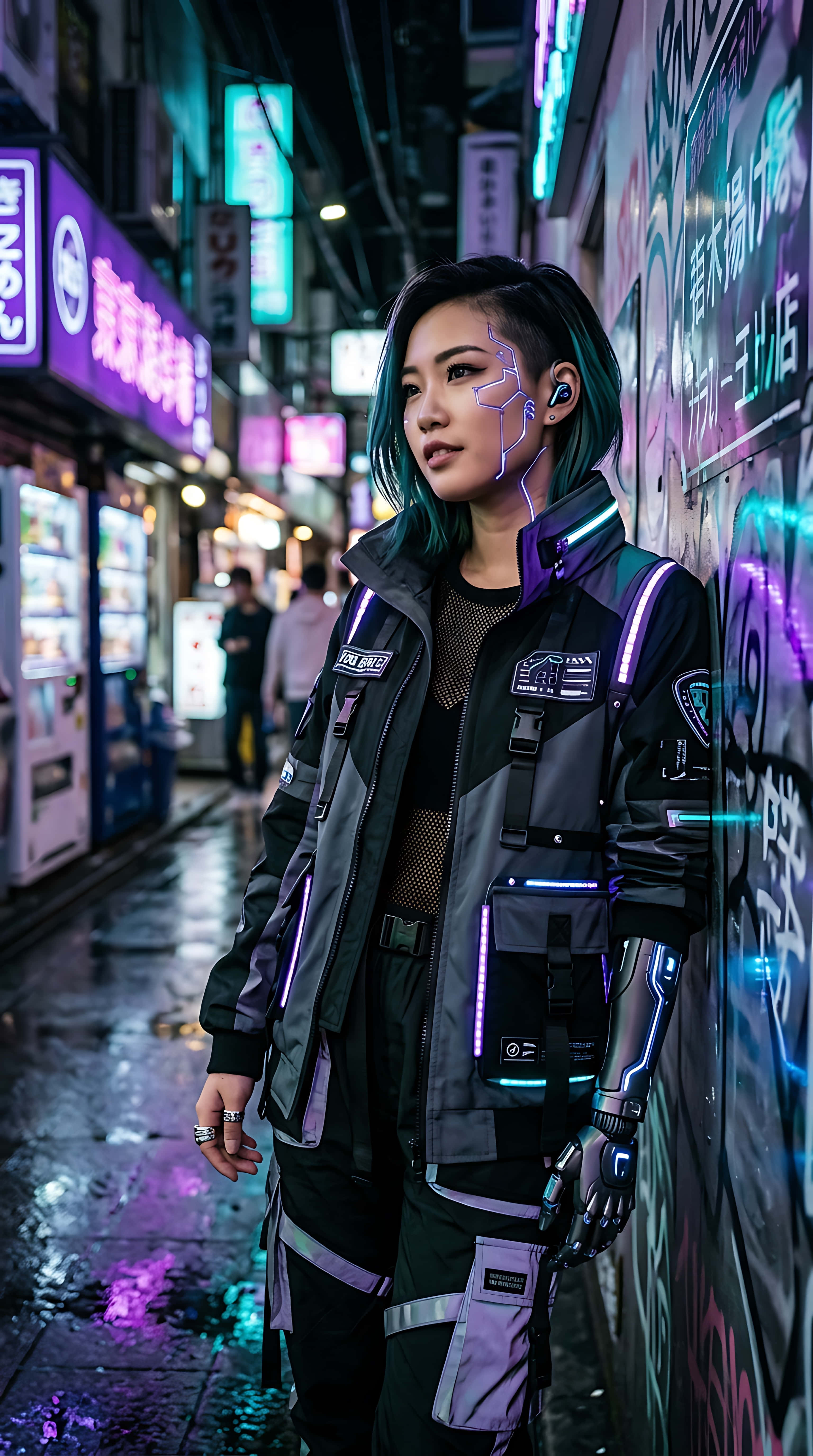 Jong vrou met kubernetiese gesigsimplantate en robotarm in neonverligte futuristiese stadsstraat Muurpapier