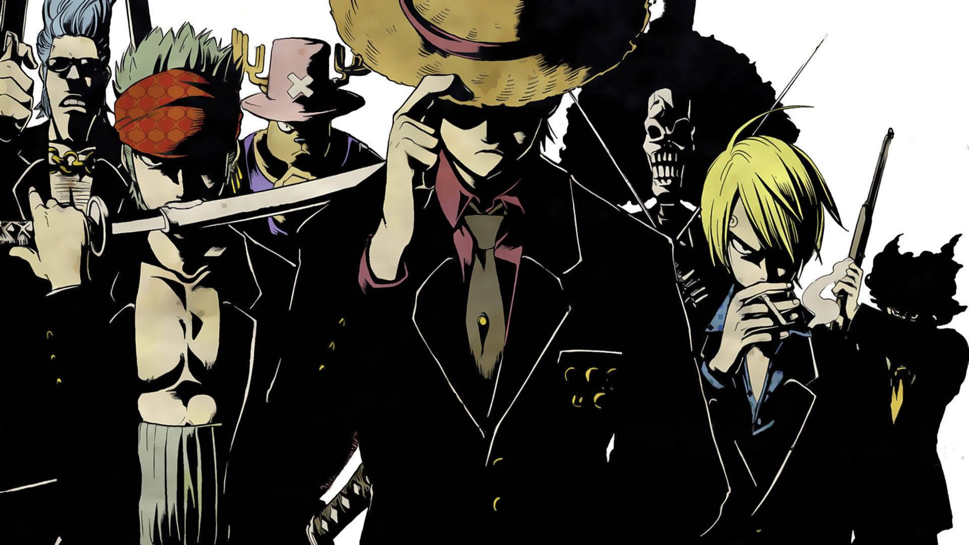One Piece Strooihoed manlike bemanning wat elegant lyk in swart pak-agtergrond.