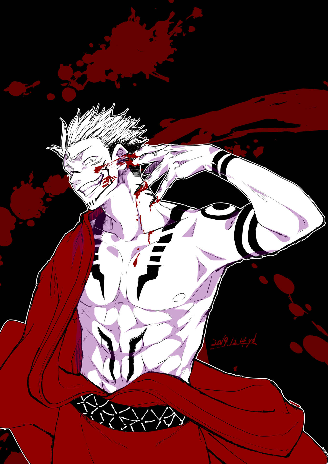 Jujutsu Kaisen se Sukuna in rooi Yukata agtergrond — Jujutsu Kaisen Muurpapier