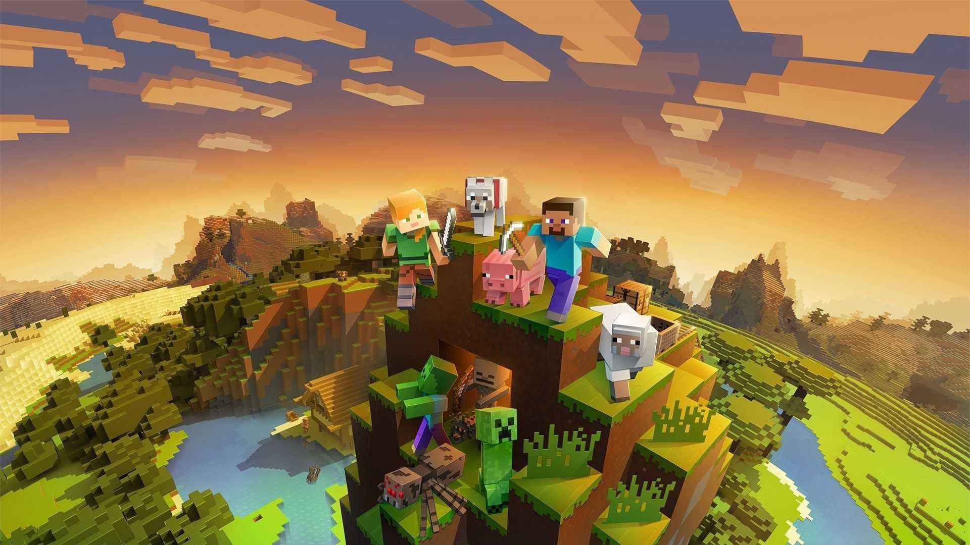 Karaktere op Berg Minecraft HD Muurpapier