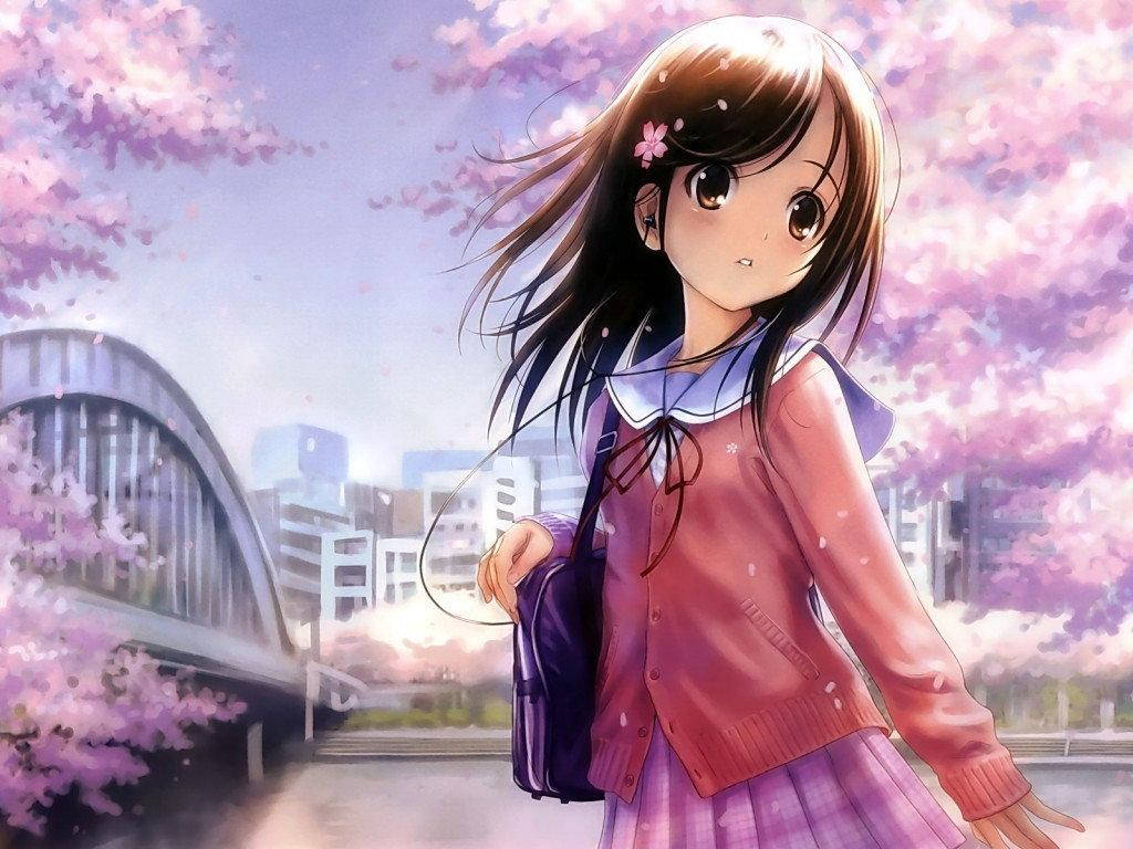 Kawaii Anima Meisie Met Kersiebloeisels Bome Muurpapier