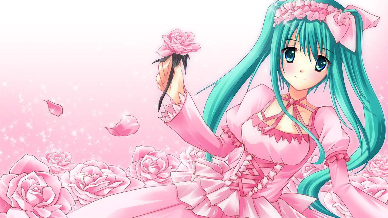 Kawaii Anime Hatsune Miku met Pienk Rok en Rose Muurpapier