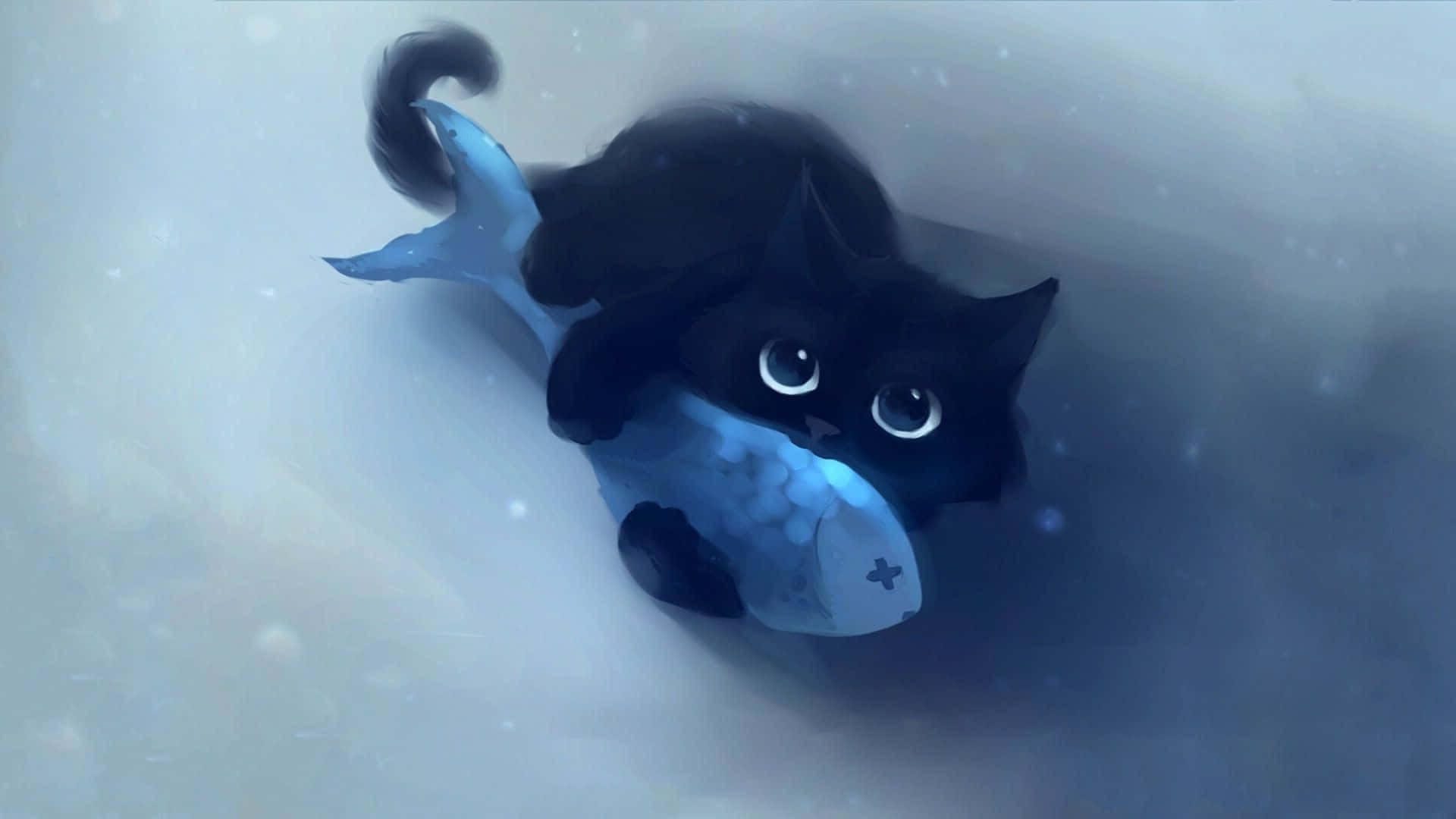 Kawaii Anime-kat wat 'n Vis Knuffel Muurpapier