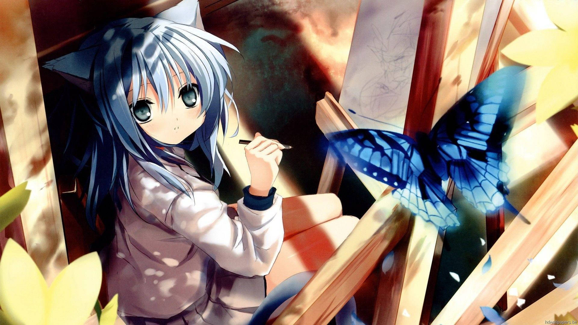 Kawaii Anime Katmeisie met Skoenlapper Muurpapier