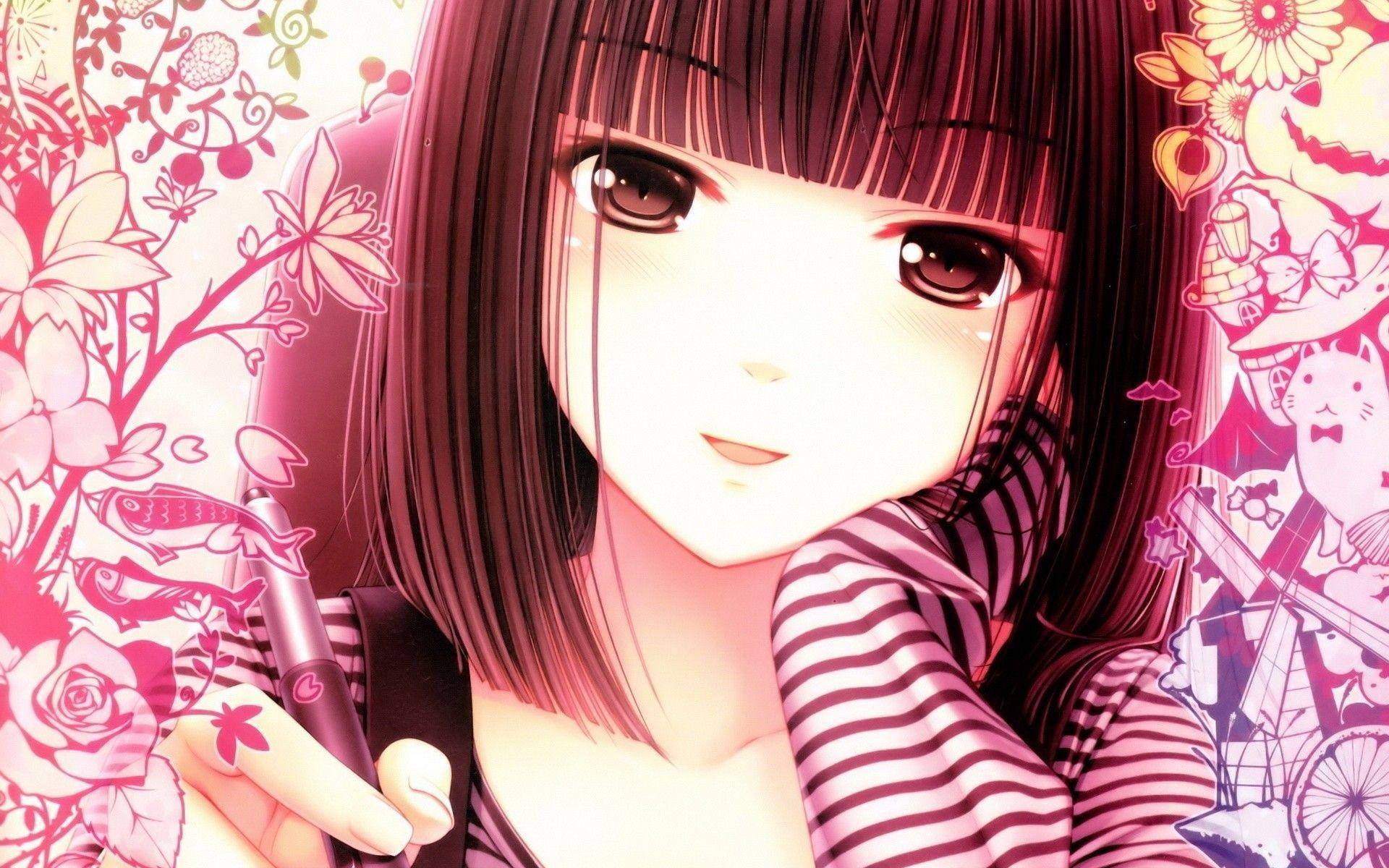 Kawaii Anime Meisie Hou Pen Met Doodles Muurpapier