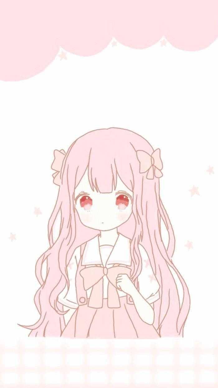 Kawaii Anime Meisie In Pienk Lintjies Muurpapier