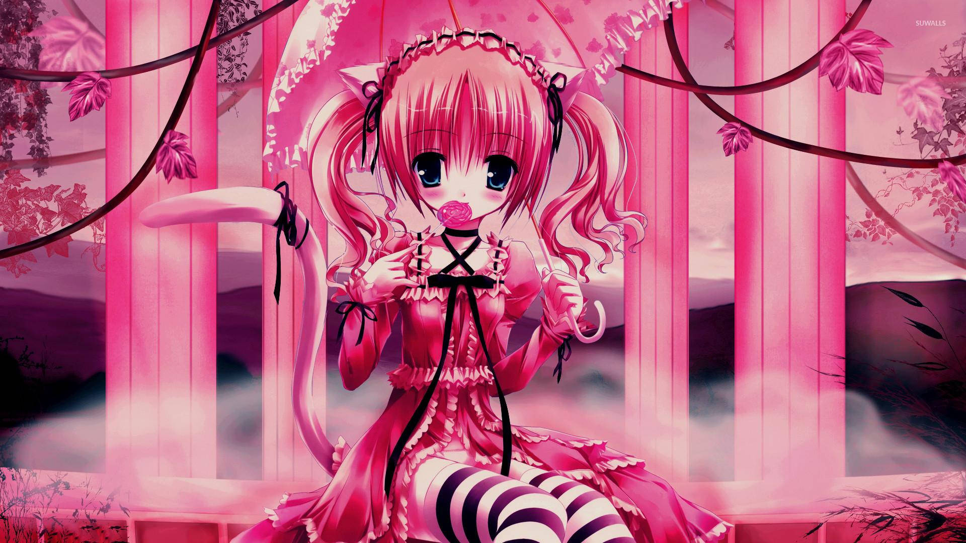 Kawaii Anime Meisie in Pienk Pilare Muurpapier