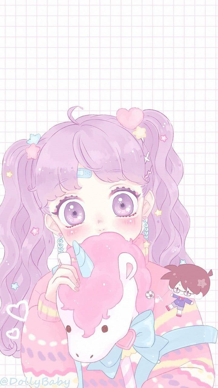 Kawaii Anime Meisie Met 'n Eenhoorn Opgestopte Speelding Muurpapier