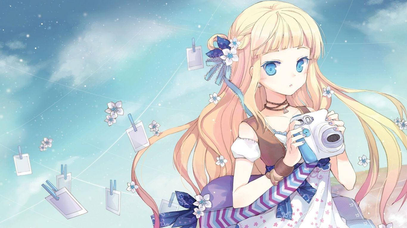 Kawaii Anime Meisie Met Polaroid Muurpapier
