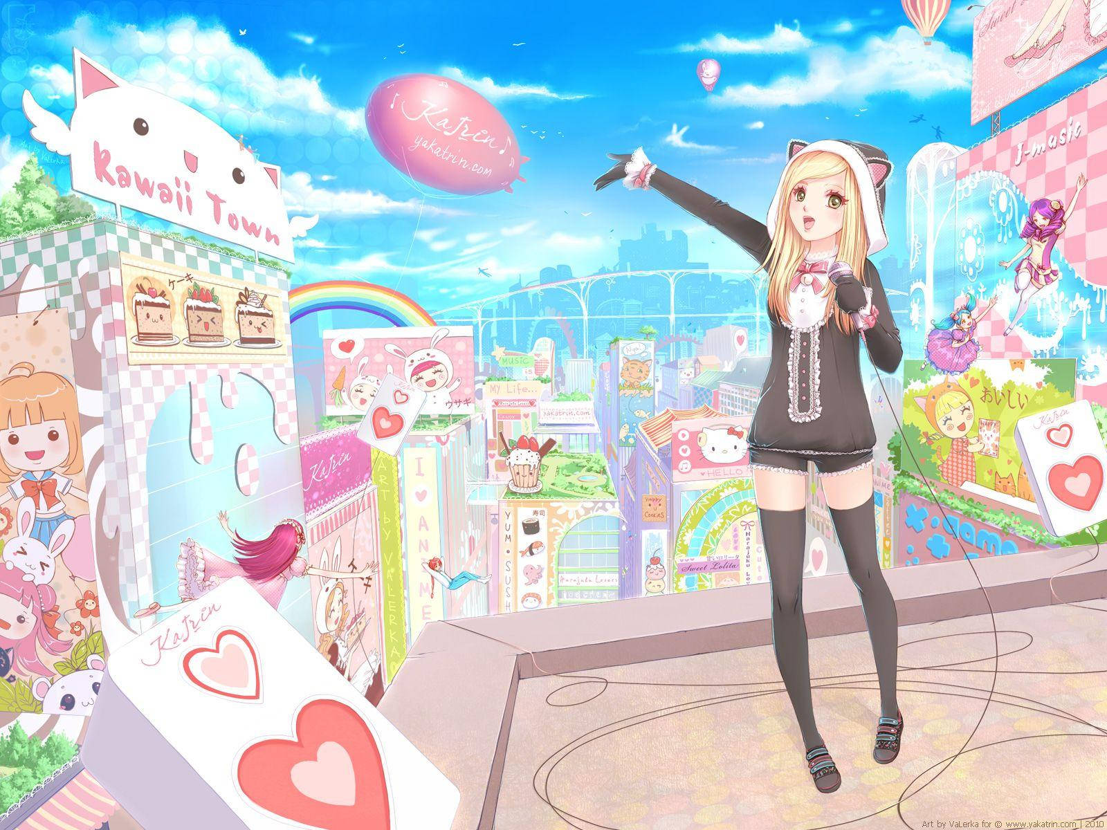 Kawaii Anime Meisie Omring Deur Oulike Winkels Muurpapier