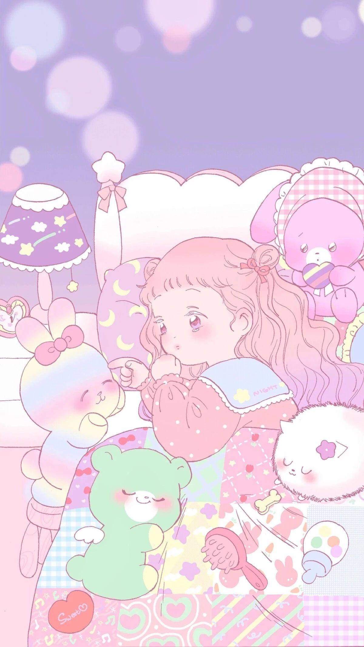 Kawaii-anime-meisie op bed met opgestopte speelgoed Muurpapier