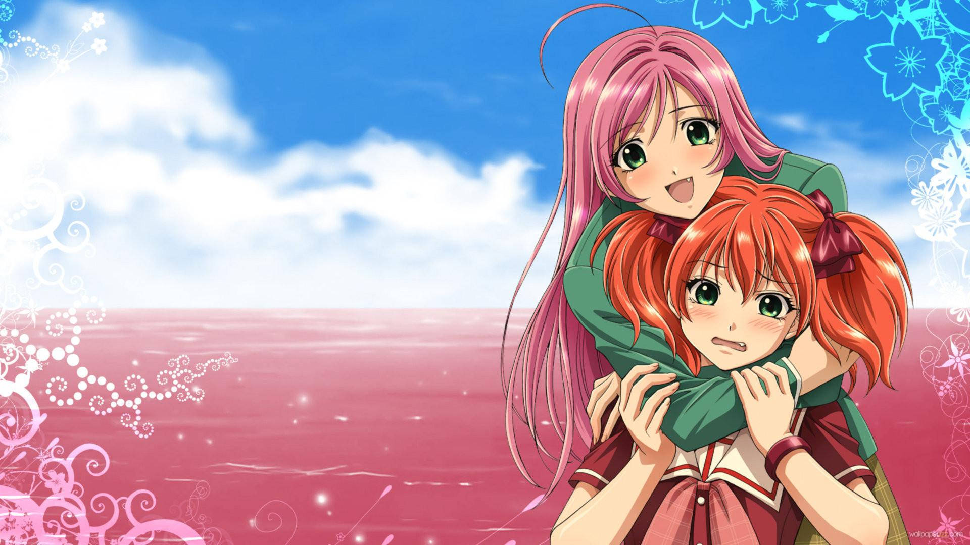 Kawaii Anime Rosario + Vampire Moka en Kokoa Muurpapier