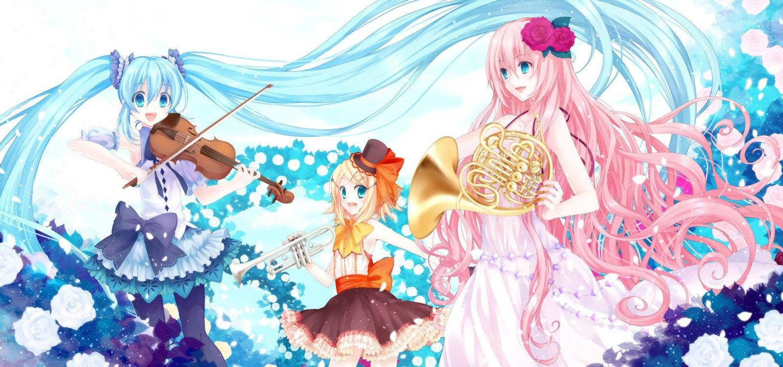 Kawaii Anime Vocaloids Met Instrumente Muurpapier