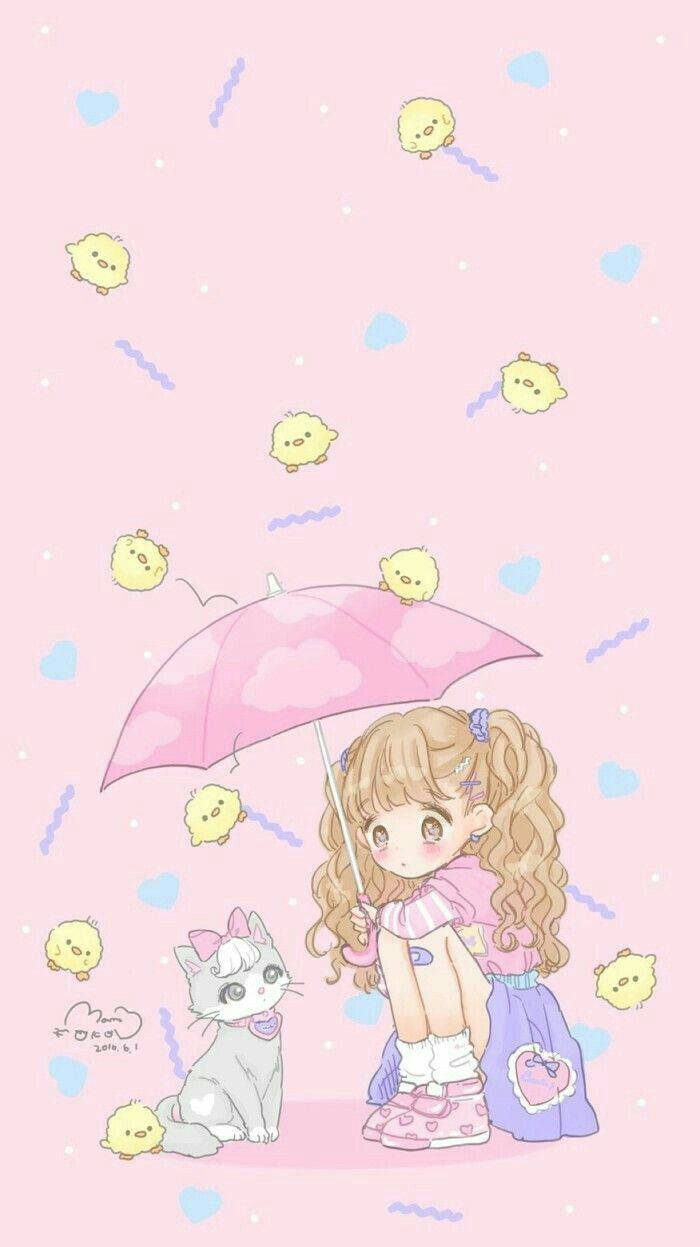 Kawaii Oulike Meisie Met Haar Kat Muurpapier