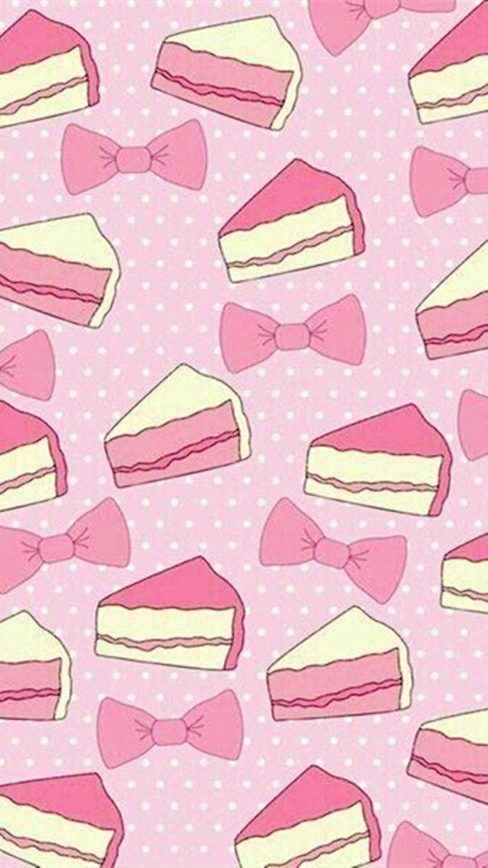 Kawaii Pienk Koek en Lintjies Collage Muurpapier