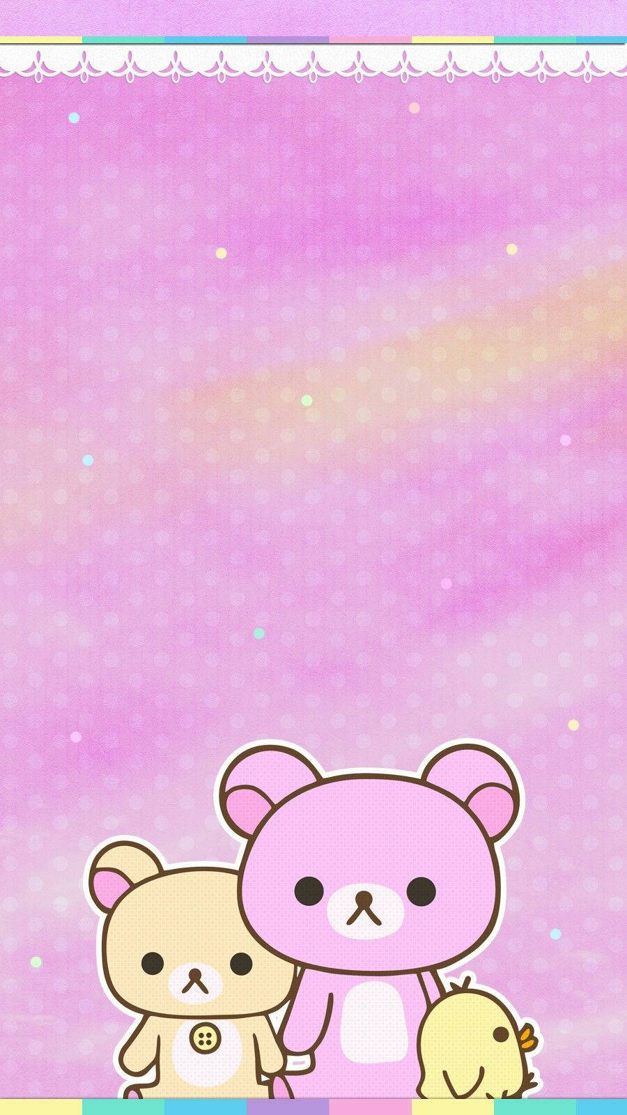 Kawaii Pienk Rilakkuma Karakters Op Kleurvolle Pienk Agtergrond Muurpapier
