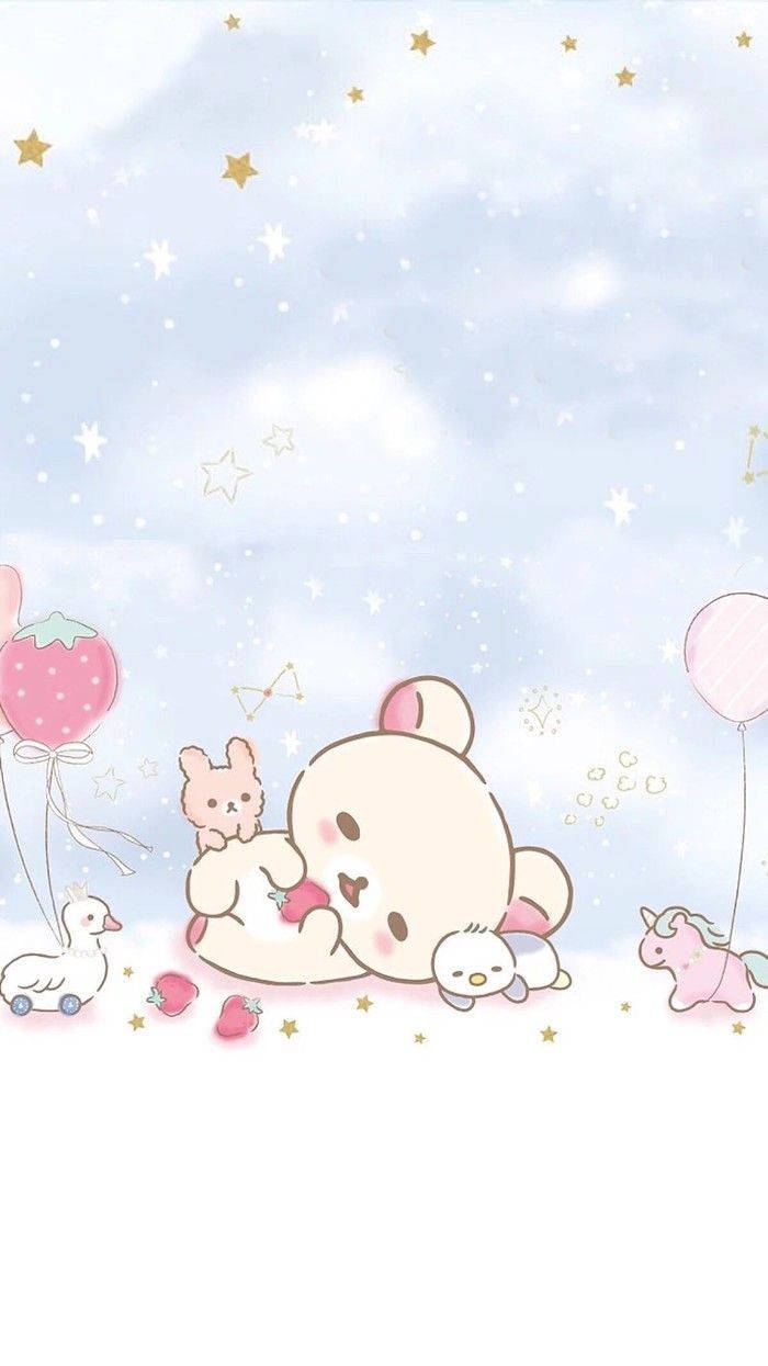 Kawaii Rilakkuma met Pienk Karakters Muurpapier