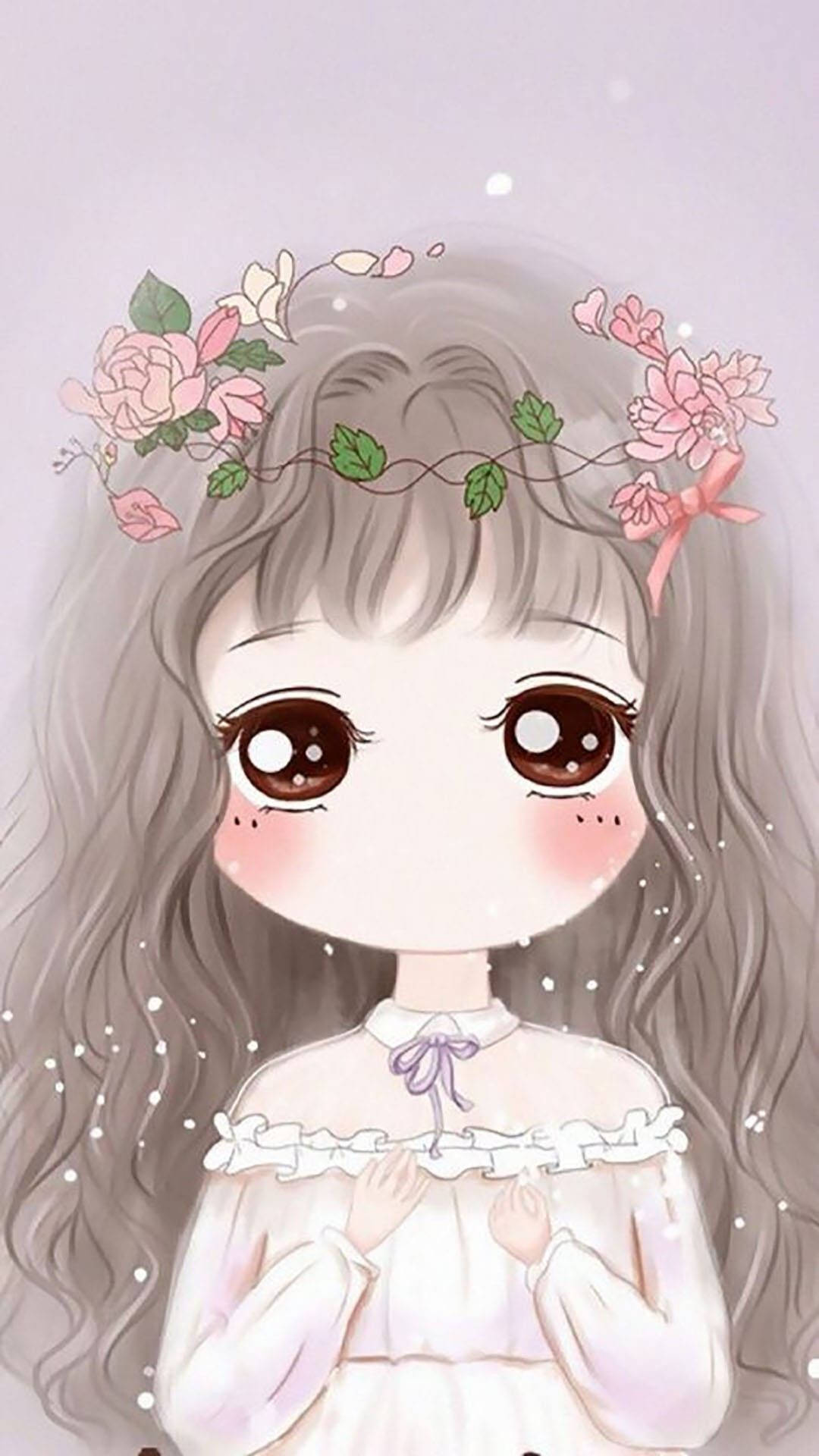 Kawaii Skoonheid Meisie met Blomkroon Muurpapier