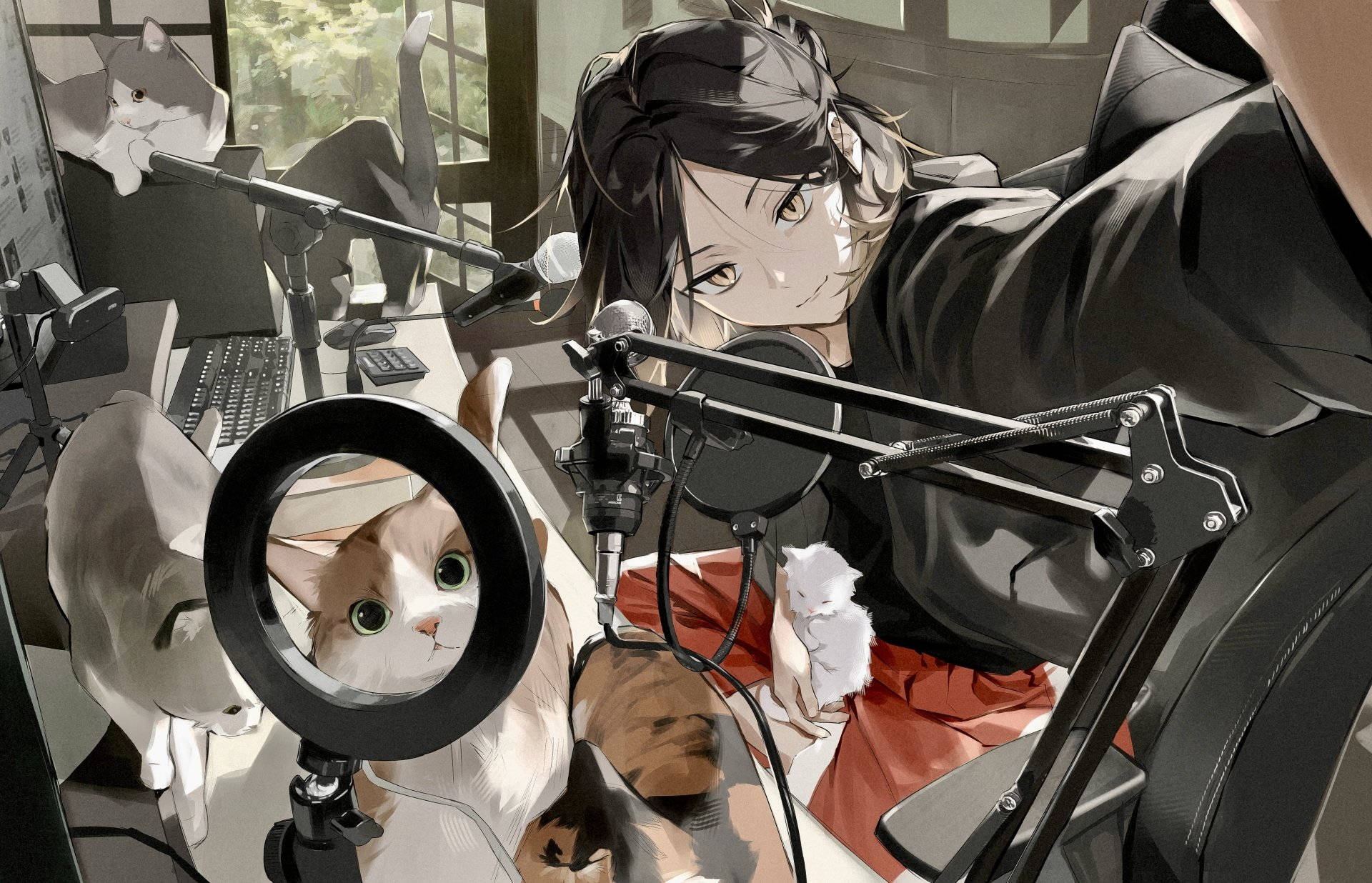 Kenma met Katte op Sy Lessenaar Muurpapier