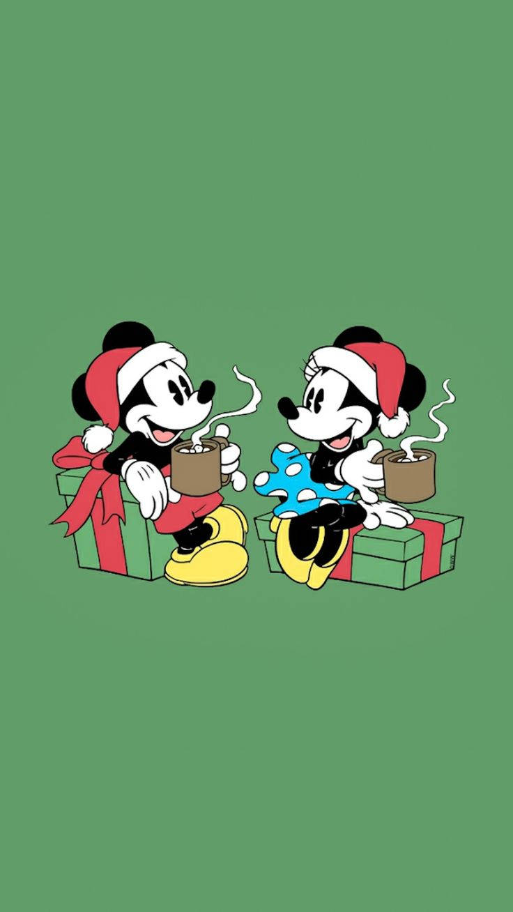 Kersfees Disney iPhone Mickey en Minnie drink koffie Muurpapier