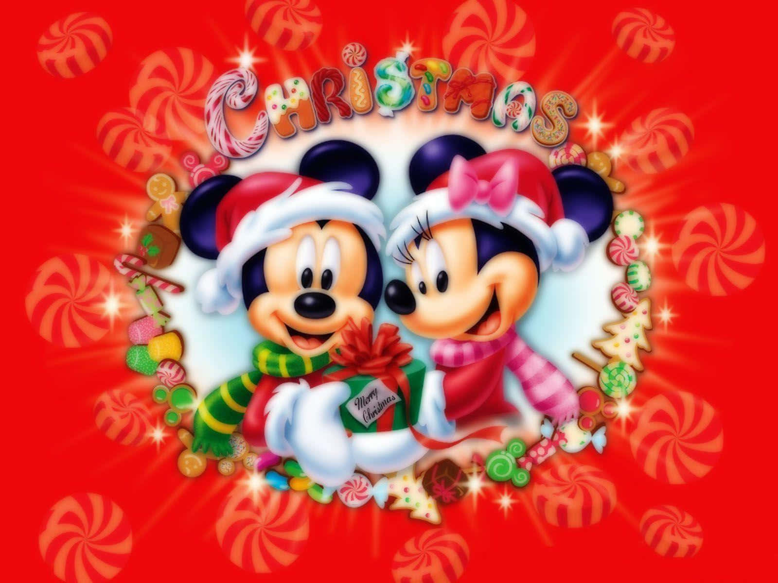 Kersfees muurpapier van Mickey en Minnie Muis Muurpapier