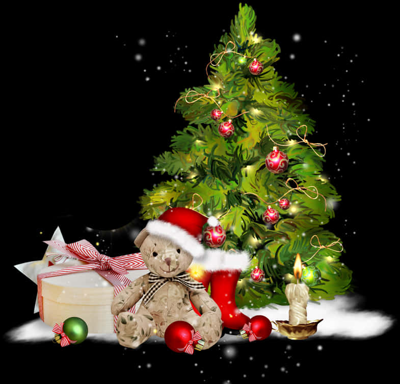 Kersfees Teddybeer en Boom Muurpapier