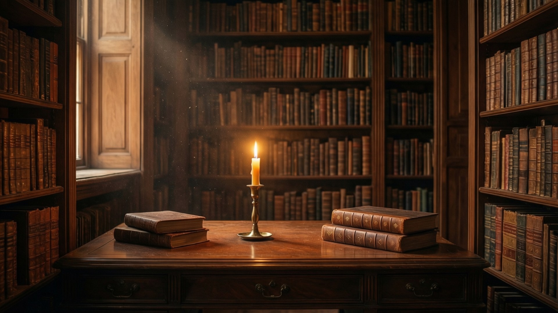 'n Knus donker akademiese biblioteek-toneel met kerslig en ou boeke. — Donker akademie Muurpapier