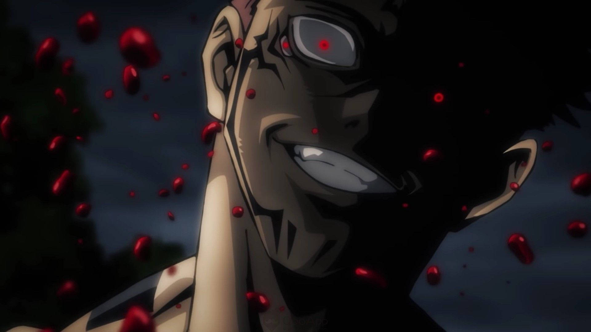 Sukuna in Jujutsu Kaisen met moordende oë met bloed agtergrond. — Jujutsu Kaisen Muurpapier