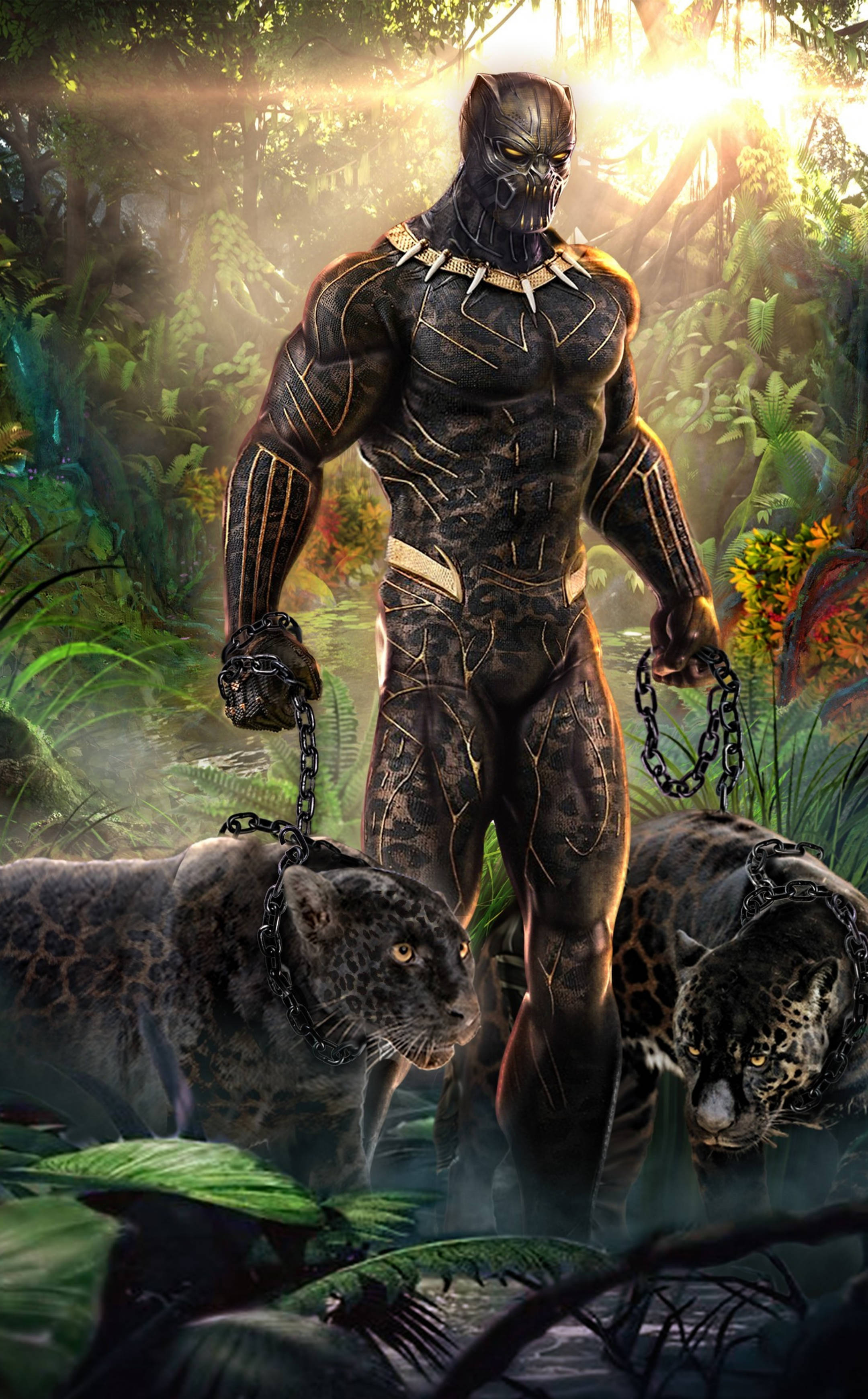 Killmonger En Twee Jagluiperds Muurpapier