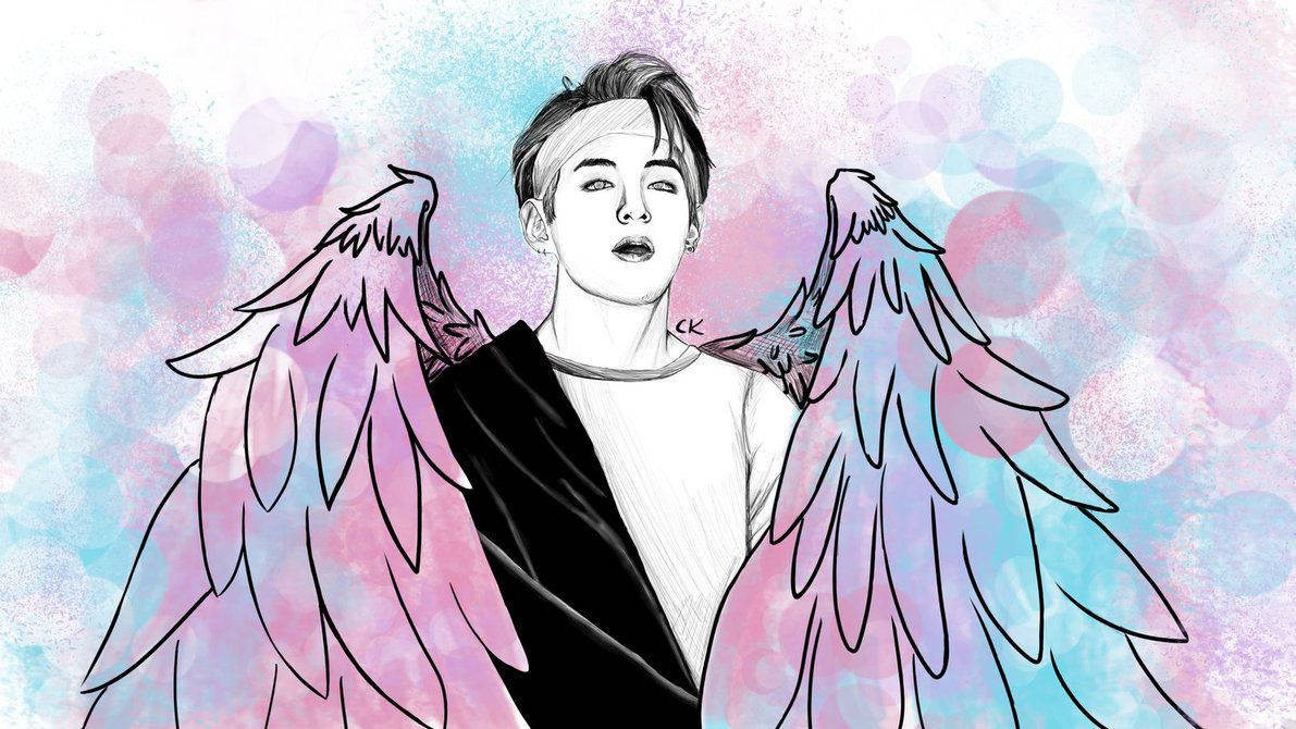 BTS Kim Taehyung-aanhangerkuns tekening met pienk engelvlerke.