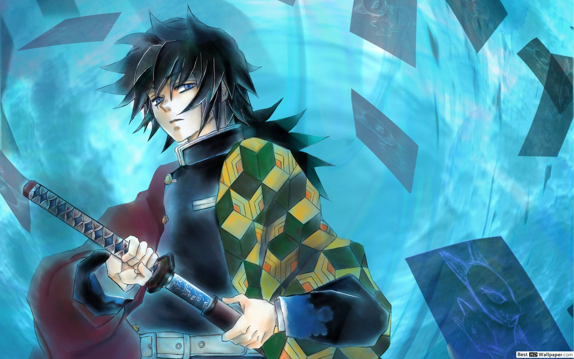 Demon Slayer-agtergrond van Water Hashira Giyu Tomioka wat sy swaard uittrek. — Demon Slayer Muurpapier