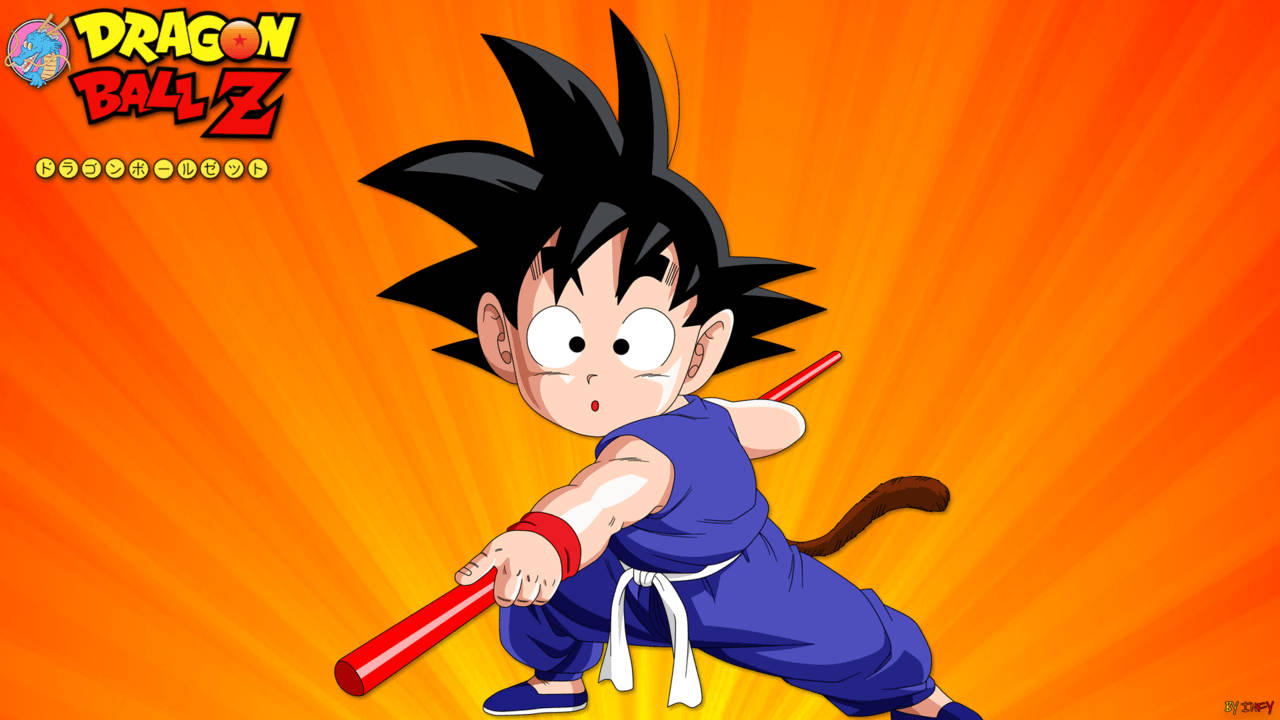 Agtergrond van Kind Goku in oranje Dragon Ball Z-plakkaat-agtergrond.