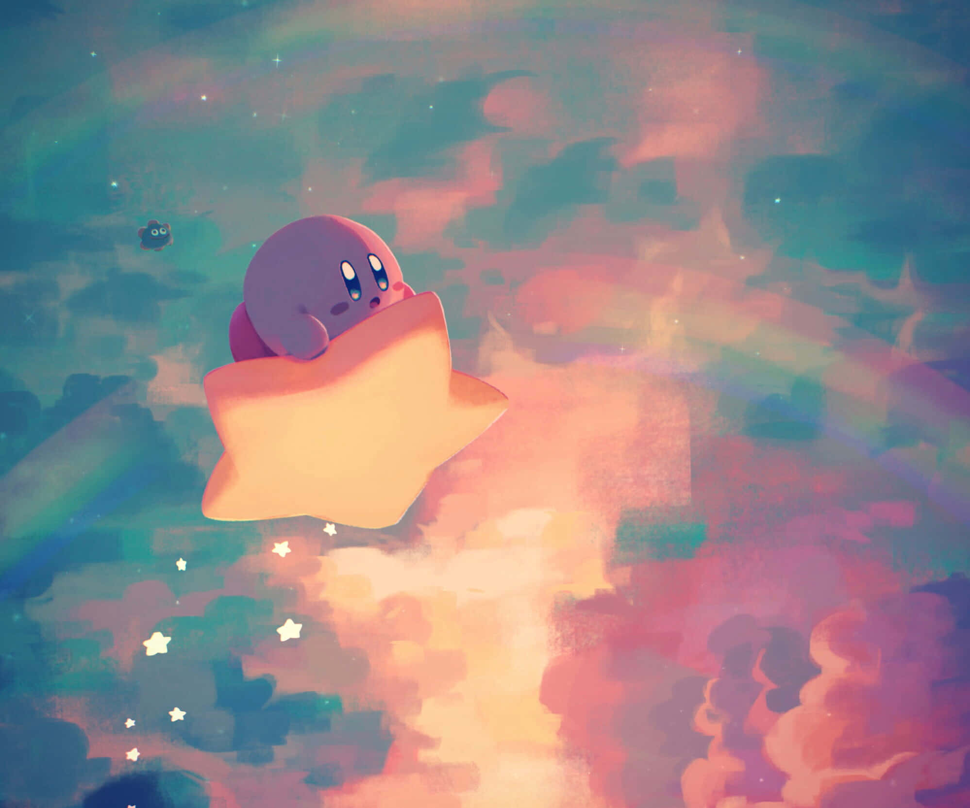 Kirby sweef deur die lewendige en kleurvolle lug. Muurpapier