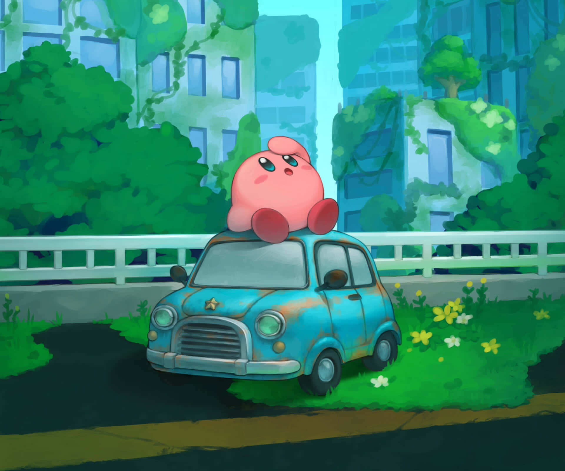 Kirby wat deur wolke in die pienk lug sweef Muurpapier