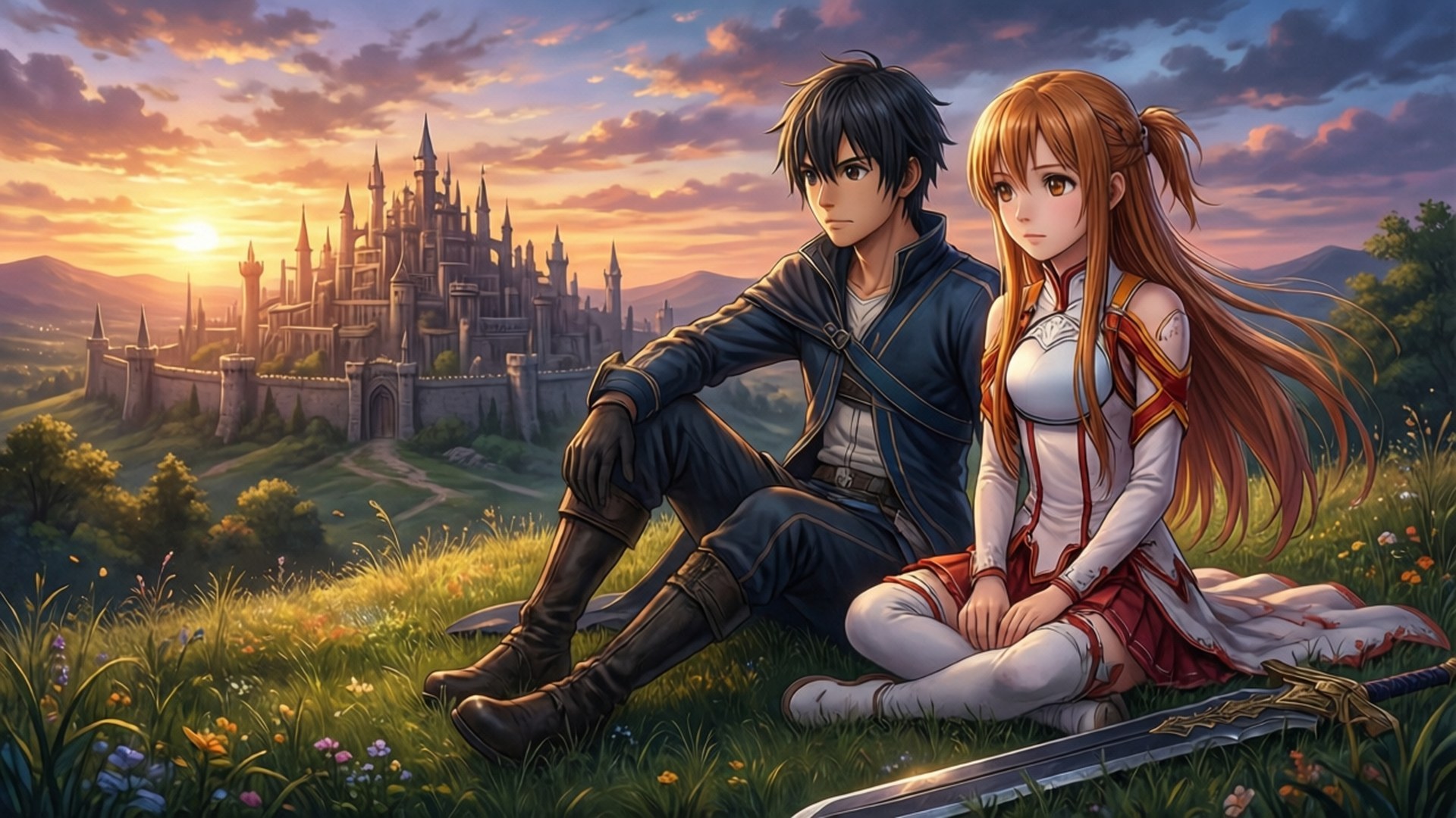 Kirito en Asuna se Rustige Oomblik Muurpapier