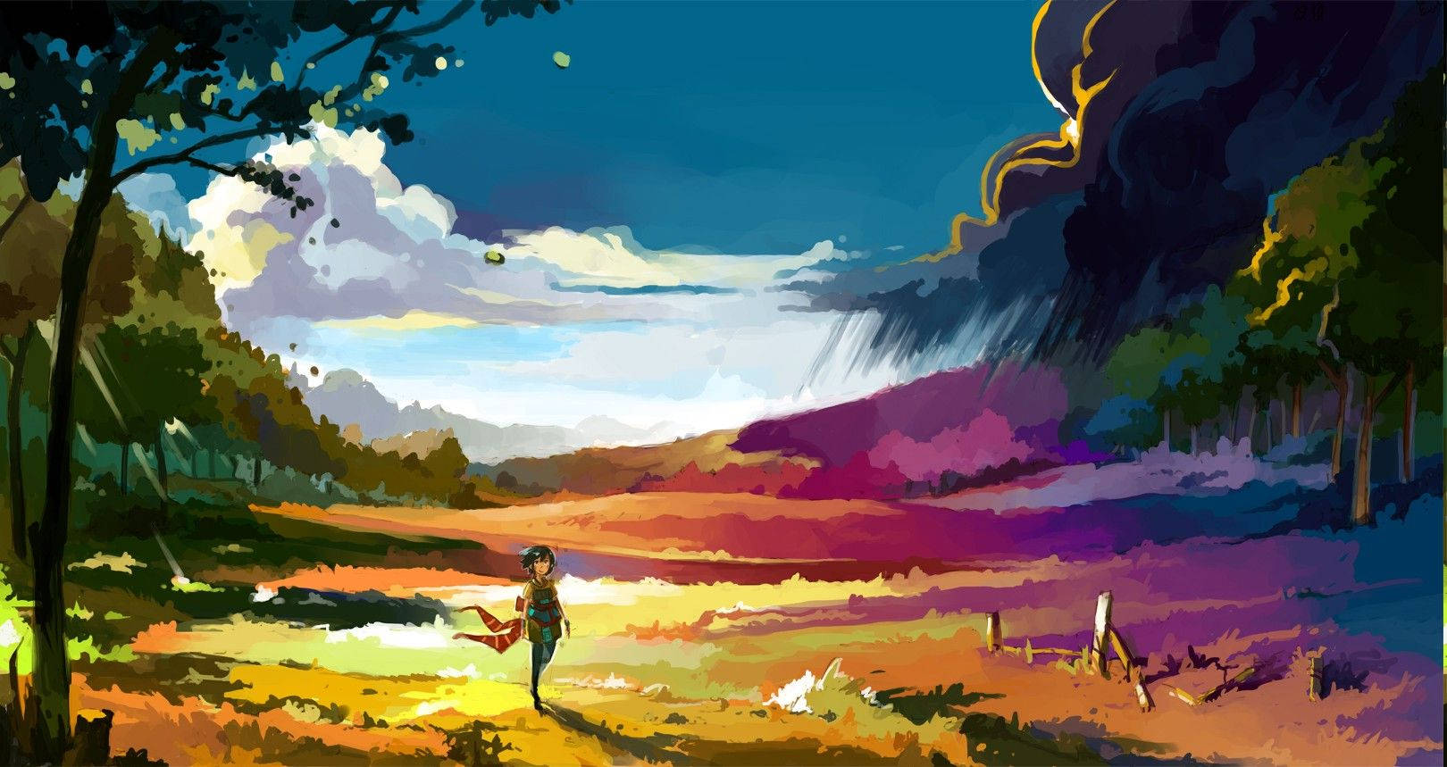 Kleurryke Grasveld Anime Landskap Muurpapier