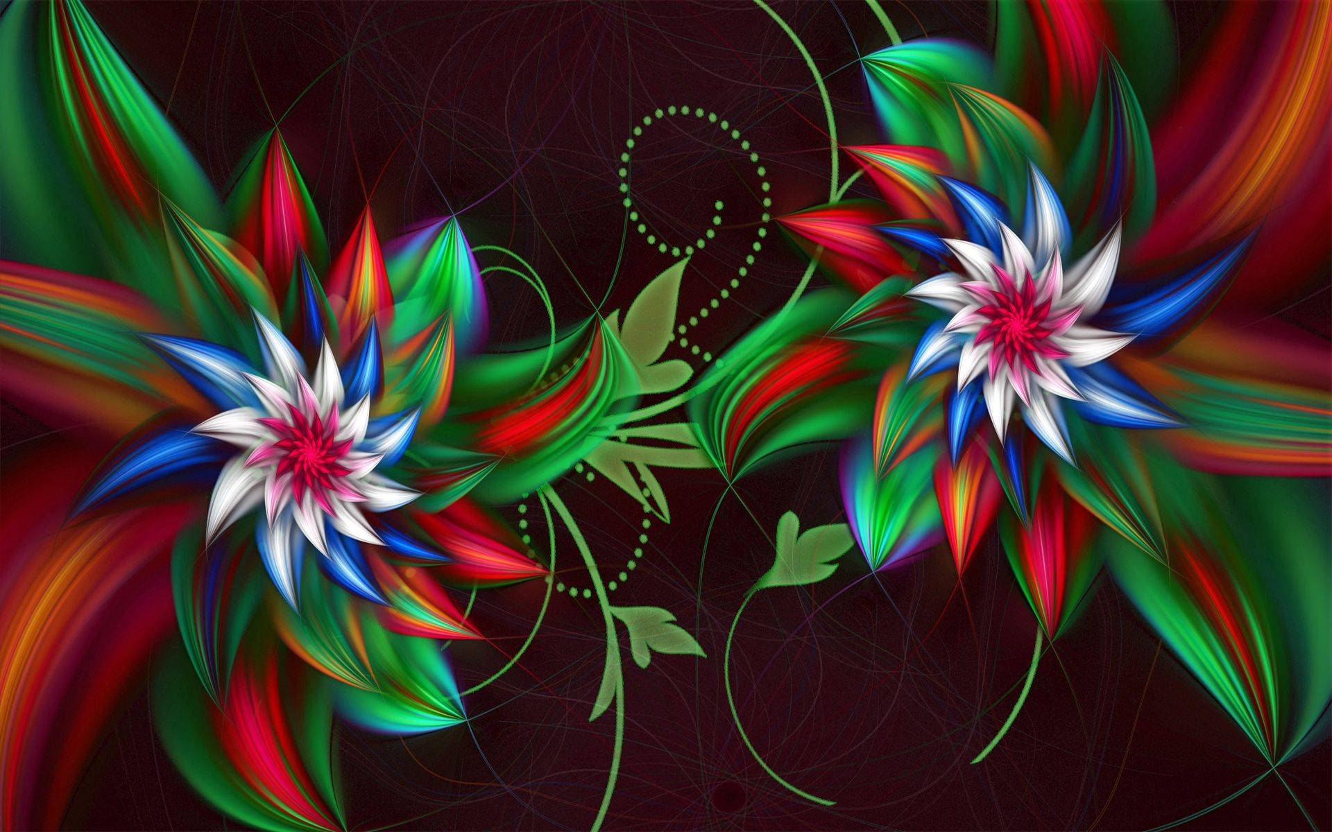 3D Psigedeliese blomme met veelkleurige blare muurpapier