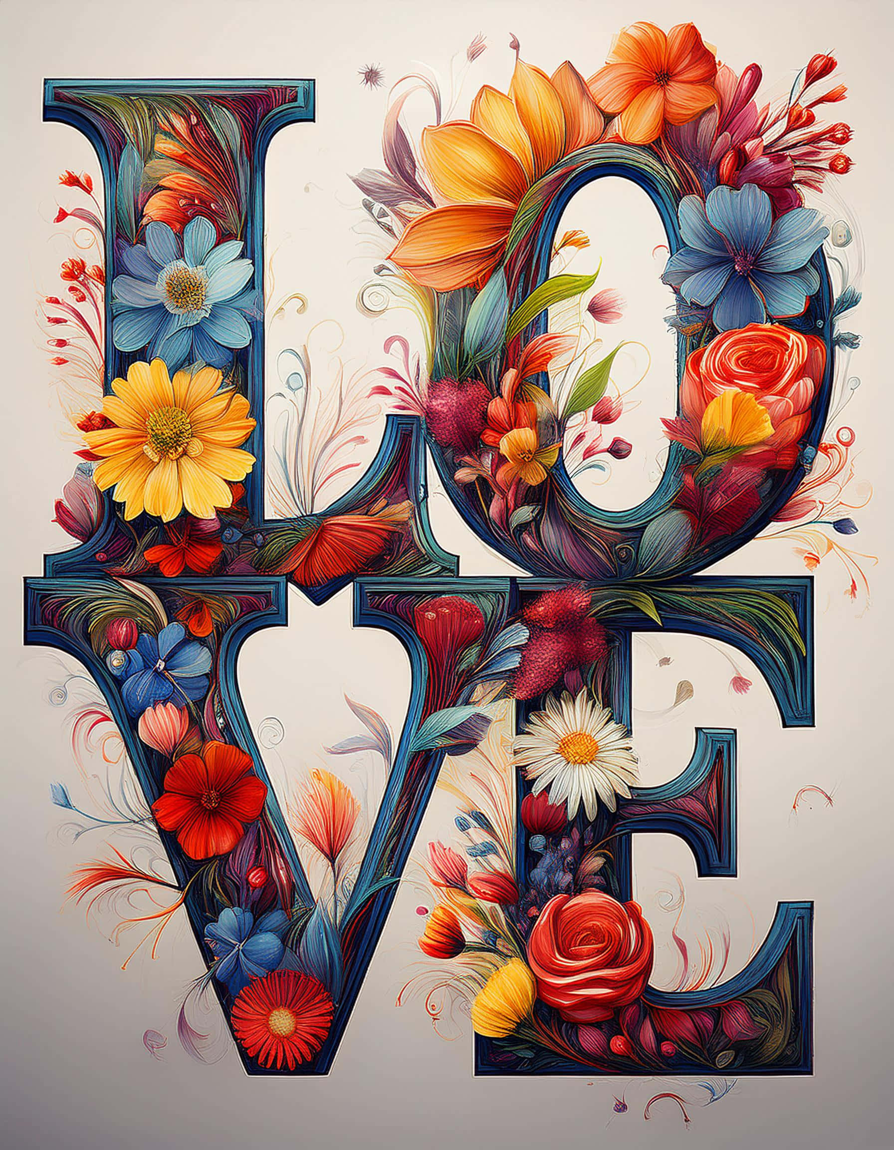 Kleurvolle Liefde Tipografie met Blomme Muurpapier