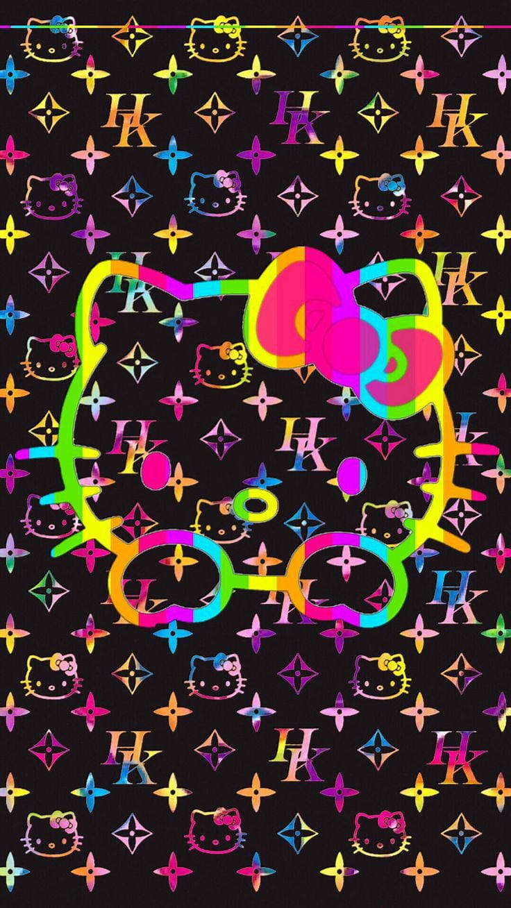 Kleurvolle Logo op Swart Helly Kitty Muurpapier