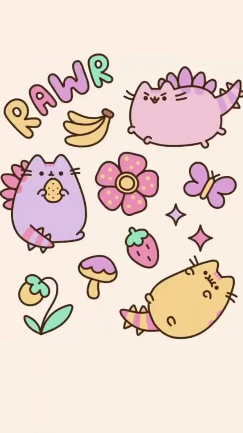 Kleurvolle Pusheen Dino Kawaii iPhone Muurpapier