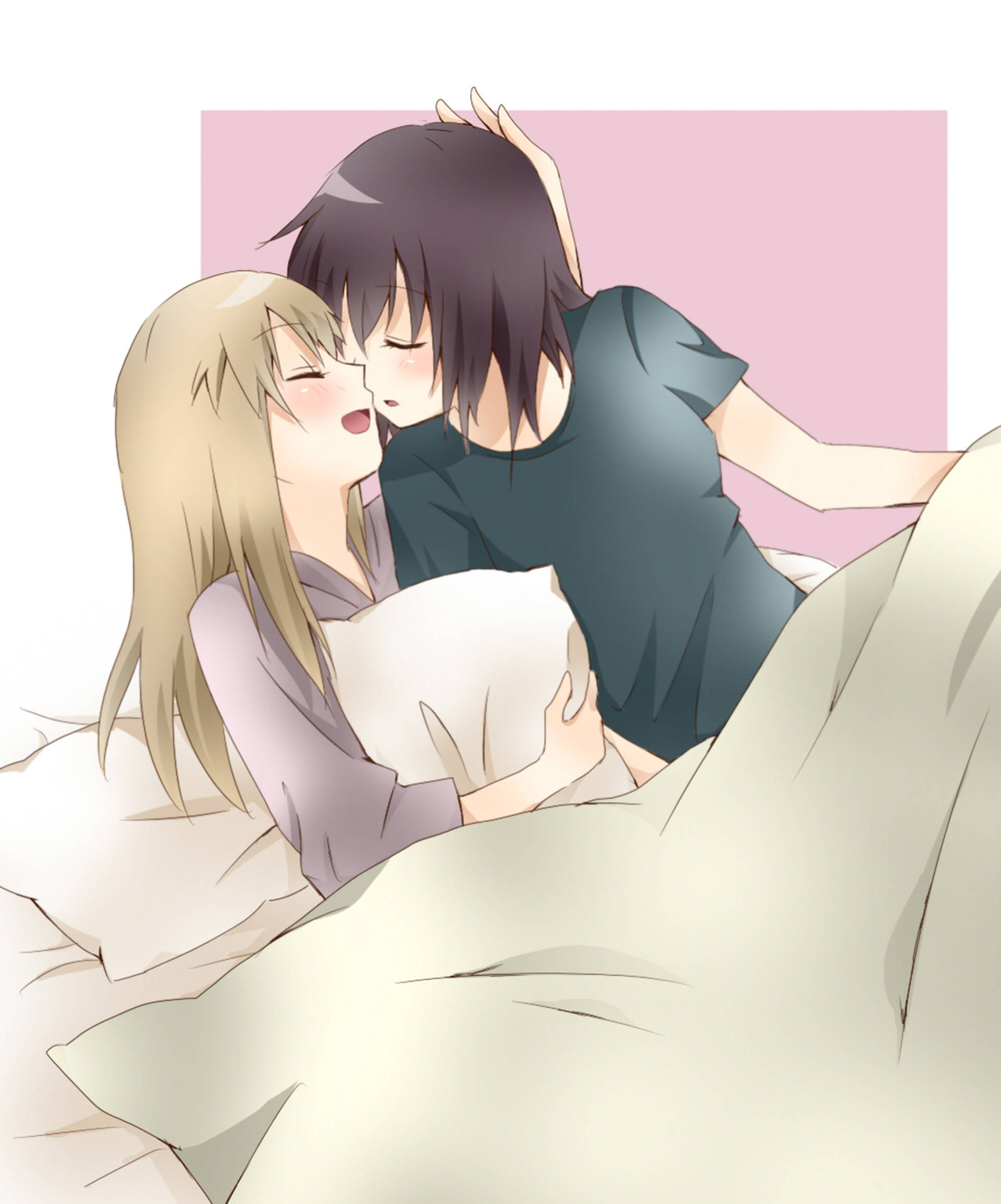 Knuffelende Anime-Lesbiërs Muurpapier