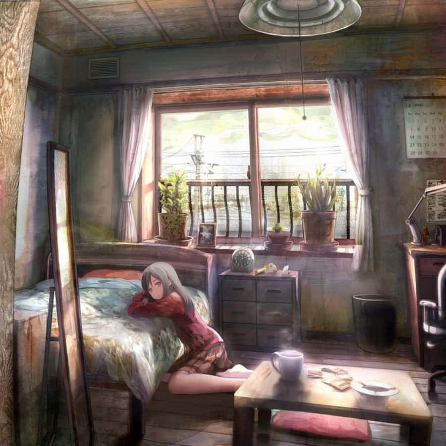 Knus en Ontspan in hierdie Lewendige Anime-tema Kamer Muurpapier