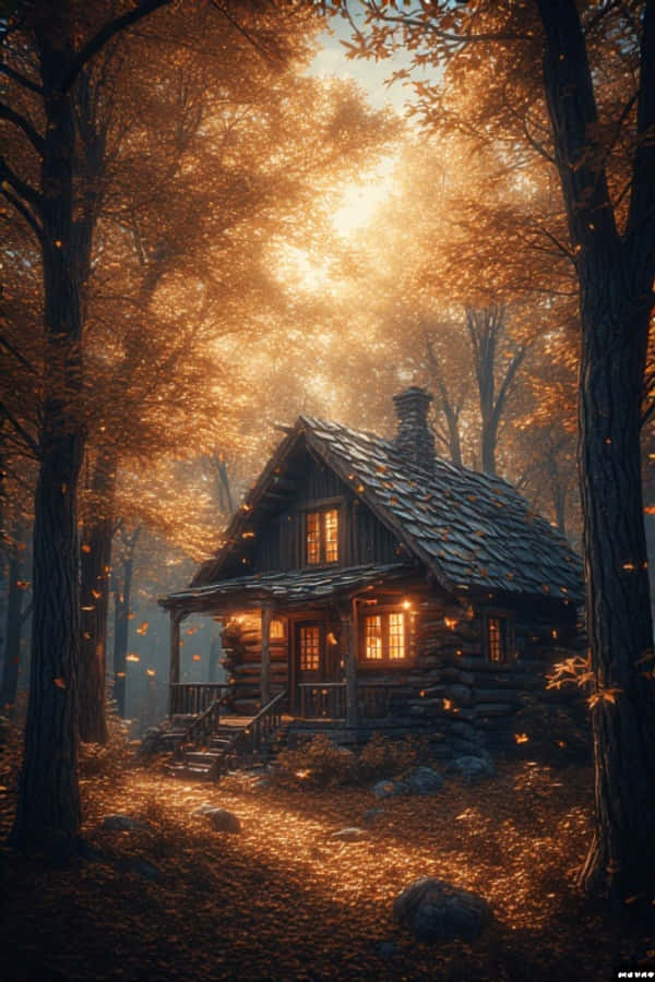 Knus Hut in Herfsbos Warm Natuur 4K Muurpapier