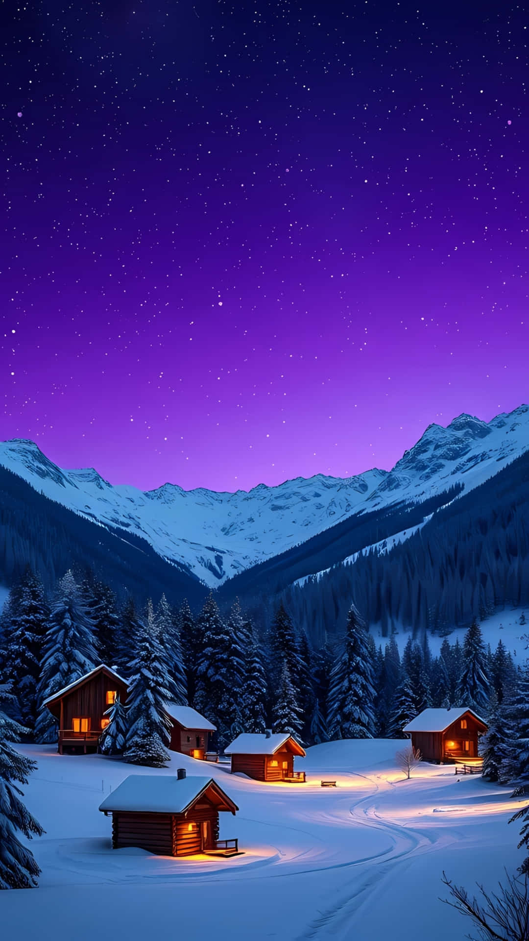 winterkajuit muurpapier, besneeude dorpie, naghemel, knus liggies, bergbos, vreedsame winter, selfoon agtergrond — Naghemel GIF Muurpapier