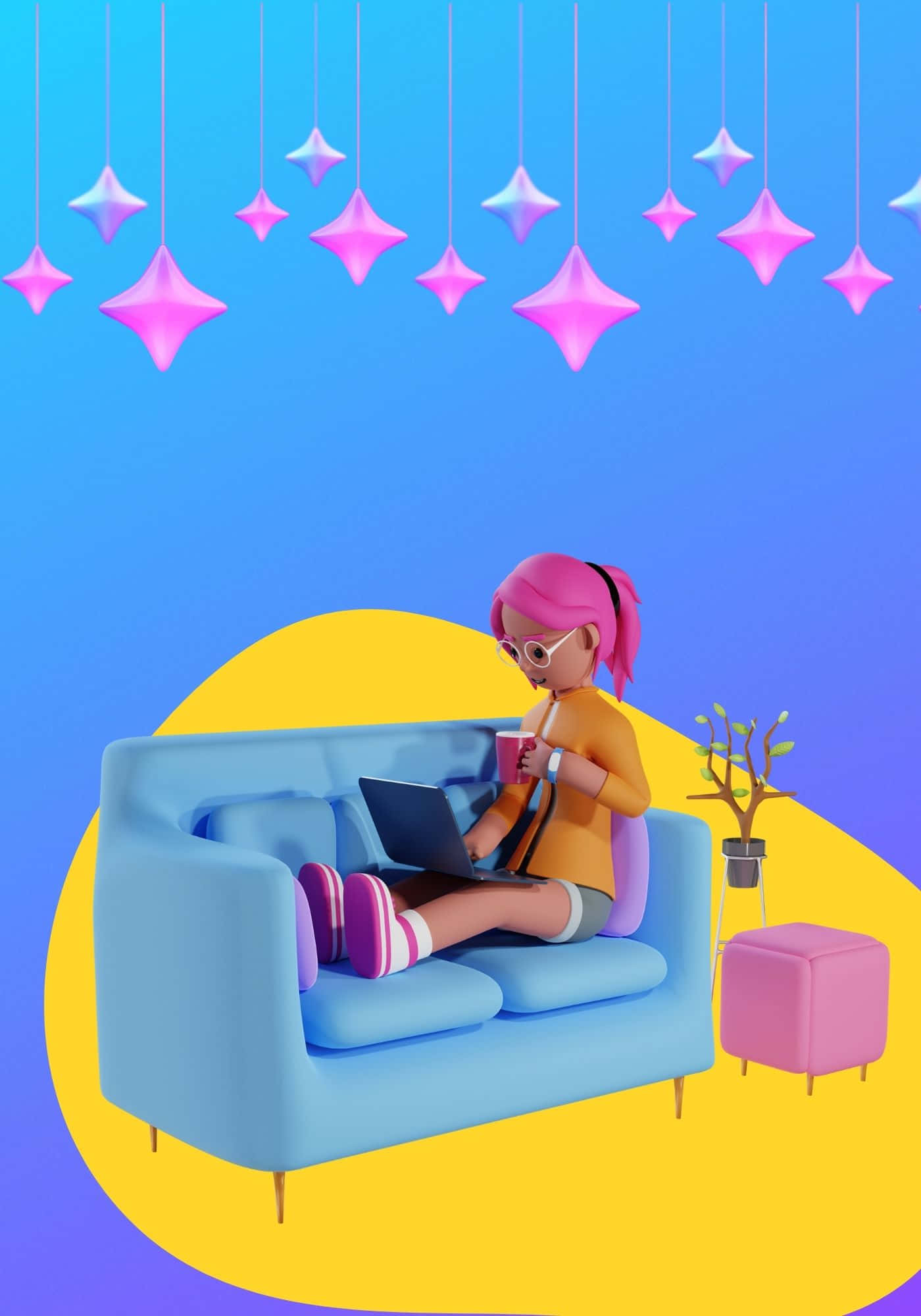 Koel 3D Vrou Op Blou Bank Agtergrond Muurpapier